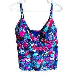 Catalina 2X Tankini Top Adj Straps removable Padded blue floral Print
